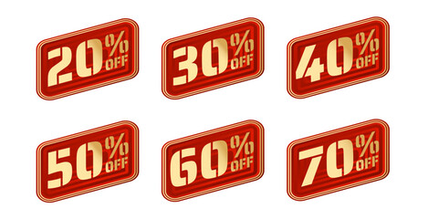 Different percent discount red sticker and price tag set, sell off up to 20, 30, 40, 50, 60, 70 percent, isolated vector illustration	