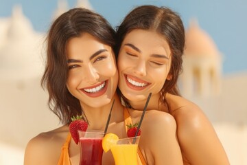 Two beautiful smiling women in beachwear hugging and holding fresh fruit juice with straws on a sunny day, on the beach in summer, having fun and hugging, enjoying vacation together, romantic mood.