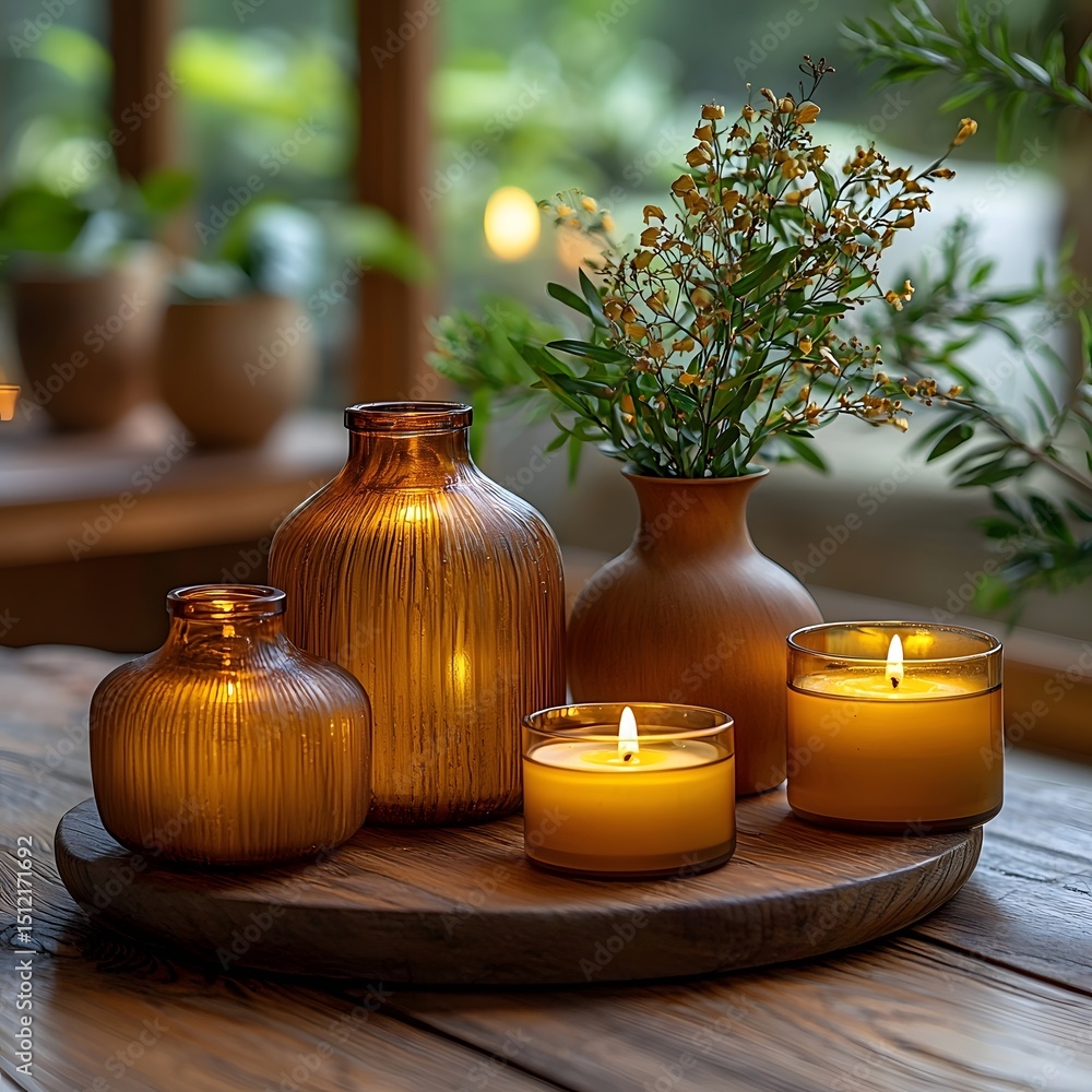 Poster spa inspired aromatherapy display with essential oils diffusers and candles