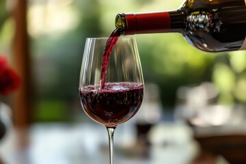 Red wine poured into glass in winery atmosphere