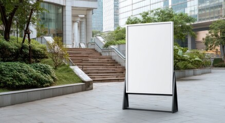 Blank sandwich board sign stands outdoors near office building and greenery.