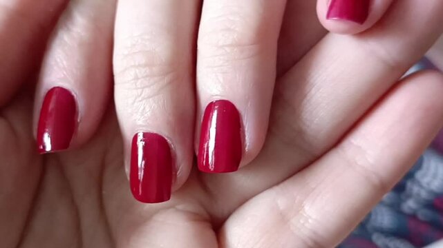 Red manicure on women's hands. Nail care. 