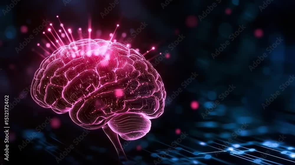 Poster glowing digital brain with neural network connections, futuristic artificial intelligence and techno