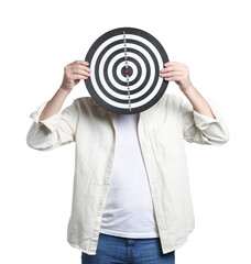 Targeting. Man with dart board on white background
