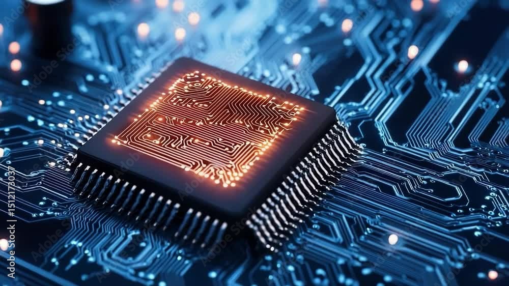 Poster glowing microchip on blue circuit board with advanced technology, innovation, and digital connectivi