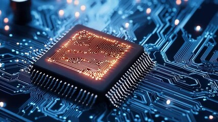Glowing microchip on blue circuit board with advanced technology, innovation, and digital connectivity, featuring electronic hardware and processor in modern, dynamic, and futuristic environment - Powered by Adobe