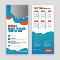 Eye-catching Double-sided Travel Agency Rack Card and DL Flyer Template. Perfect for showcasing your travel services and tour packages with a modern, professional design