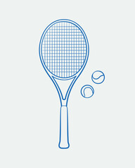 Hand-drawn tennis racket and balls. Line art, ink, minimalist style. Vector illustration. Sport collection.