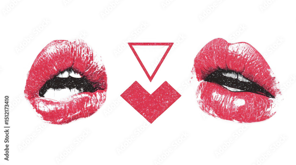 Aufkleber two red lips slightly open showing teeth biting with geometric shapes in the center are featured in 