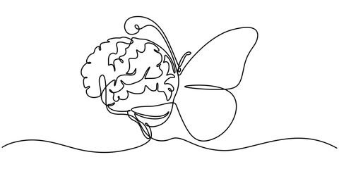 Butterfly emerging from a brain in one line drawing. Personal transformation in psychology, Butterfly emerging from a brain in continuous one line drawing. Transformation and mental growth. Editable.