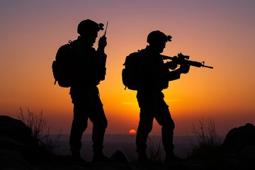 Fototapeta premium Soldiers on Patrol at Sunset: Military Team Operation