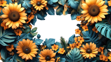 Floral background with sunflowers and tropical leaves
