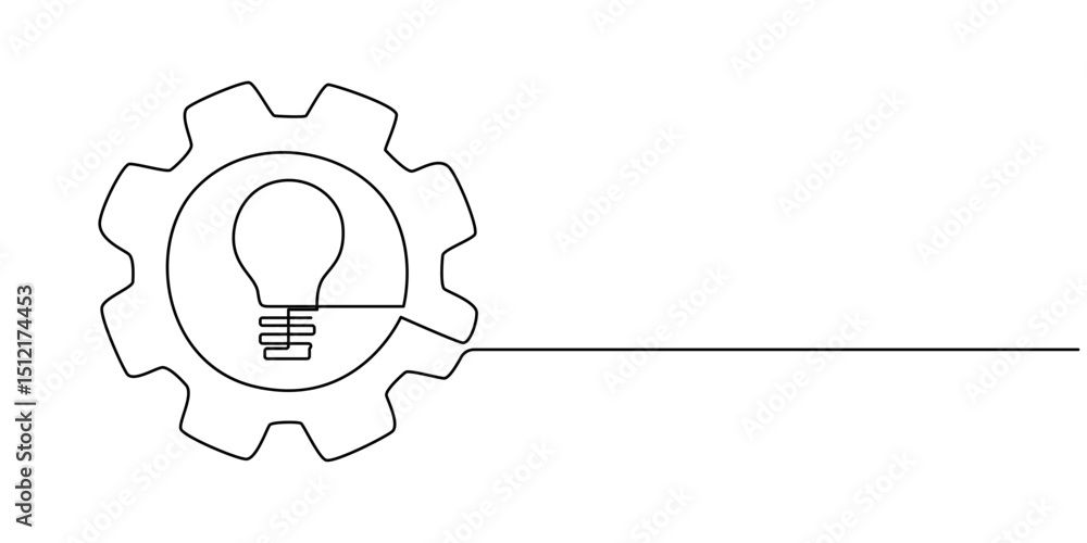 Poster continuous one single line drawing innovation light bulb and gears inside icon vector illustration c