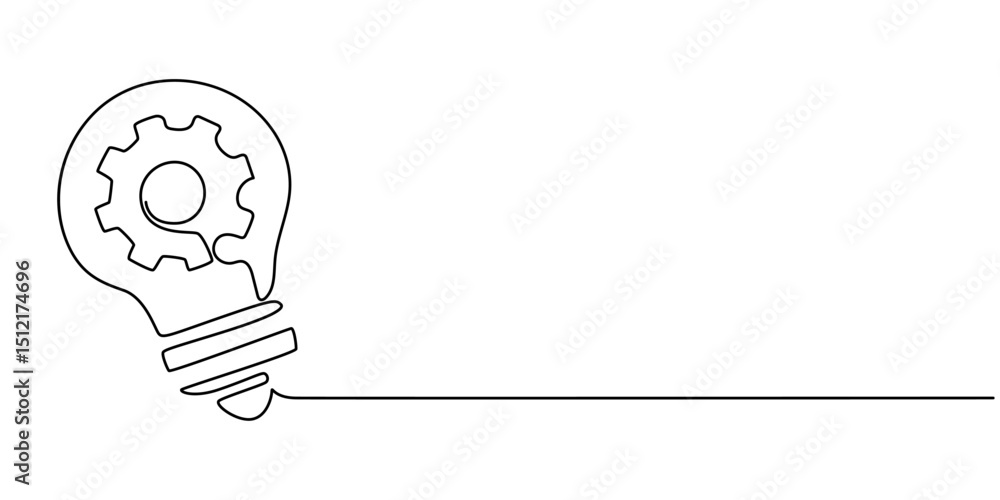 Poster continuous one single line drawing innovation light bulb and gears inside icon vector illustration c