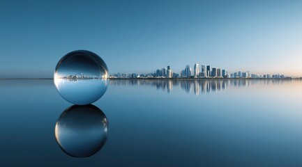 Glass sphere reflects a cityscape on a blue water surface.