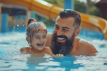 Father and daughter have fun in water park