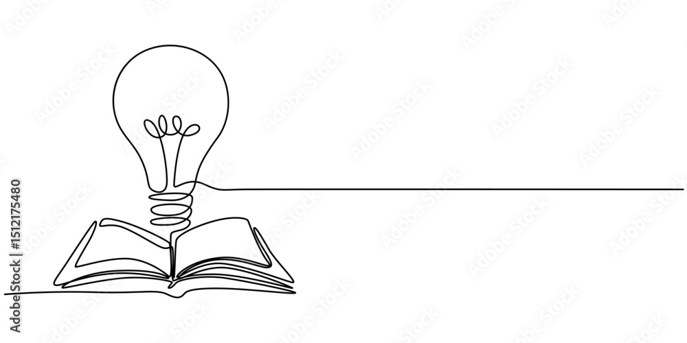Poster bright book, opened book with light bulb in one continuous line drawing. symbol of idea for business