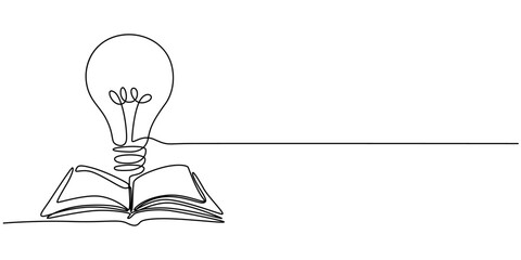 Bright book, Opened book with light bulb in one continuous line drawing. Symbol of idea for business or schedule. Light bulb and book in simple linear style. Editable stroke. Doodle line illustration. © Line emotion