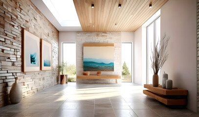 Coastal interior design of modern entrance hall with stone tiles wall and wooden rustic elements. 