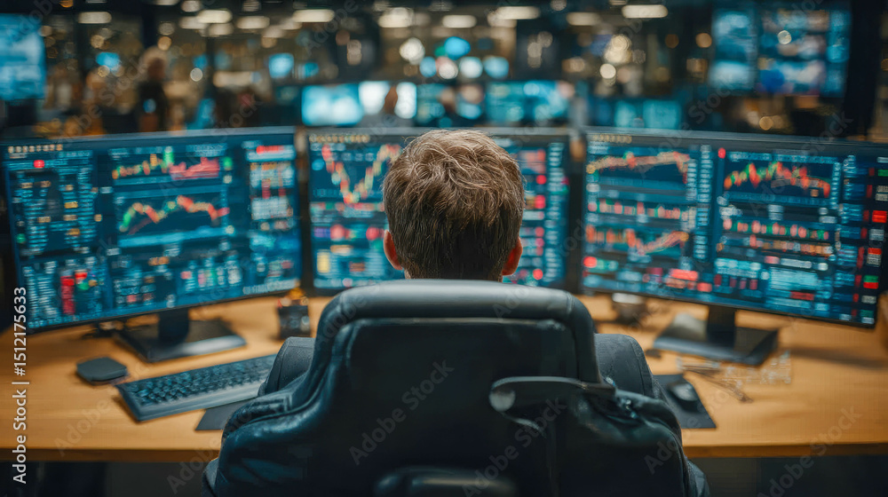Poster high-tech control center with analysts viewing large digital screens showing cryptocurrency charts a