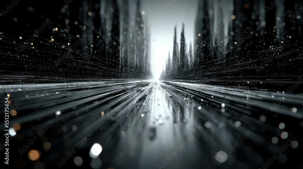 Poster abstract visualization of a glowing data stream tunnel with white particles and motion blur effects,