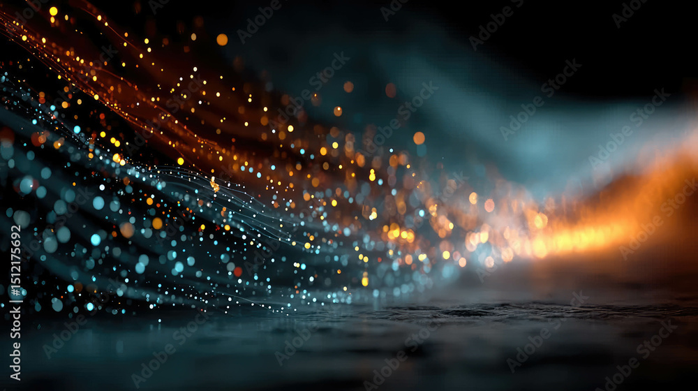 Poster dynamic stream of glowing abstract particles flowing over a dark surface in an energetic motion blur
