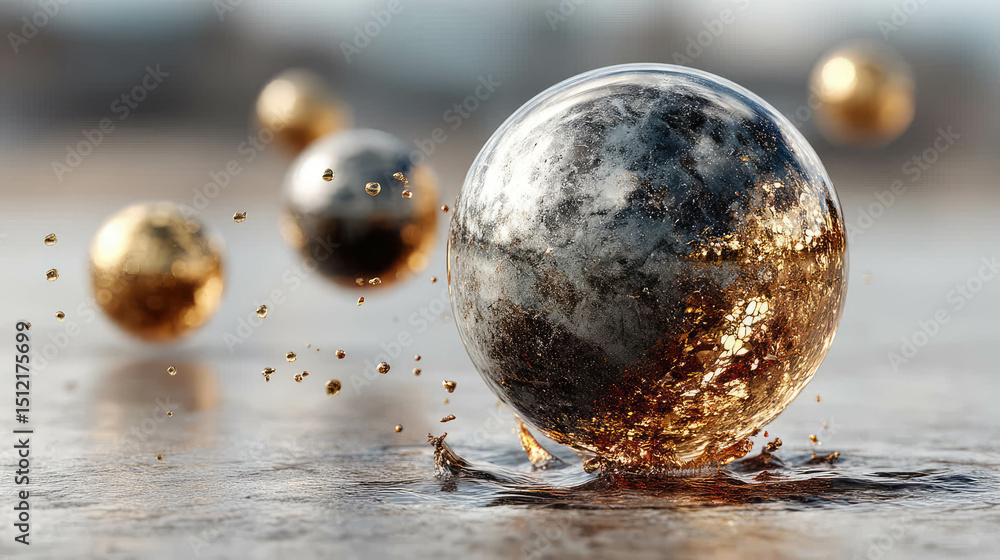 Poster shiny transparent sphere with golden particles and scenic sky reflections floating above a textured 