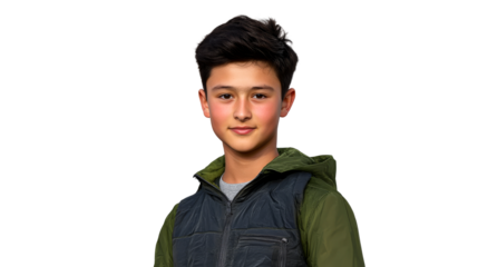 Portrait of boy wearing green jacket, vest, isolated, cut out transparent