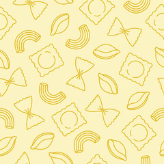 Seamless pattern with yellow outline pasta on beige background. Doodle drawing for banner, flyer, card, menu design. Vector illustration