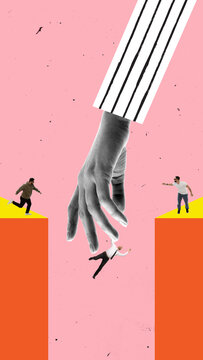 Contemporary art collage. Falling man is caught mid-air by large helping hand while others watch with emotion from above. Fall and Catch. Concept of safety net, rescue, trust, human support