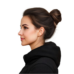 Female profile with bun hairstyle, portrait on black, cut out transparent