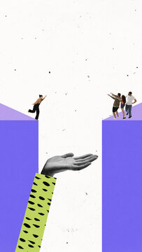 Contemporary art collage. Open palm rises below unaware people crossing gap, invisible yet vital for success. Invisible Support. Concept of backend help, subtle leadership, guidance