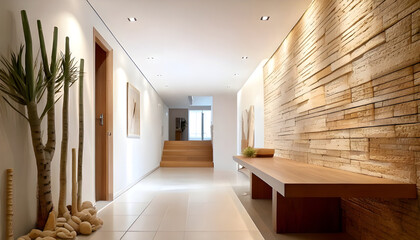 Stone and wood paneling wall in minimalist hallway. Luxury home interior design of modern entrance hall with door and benches.