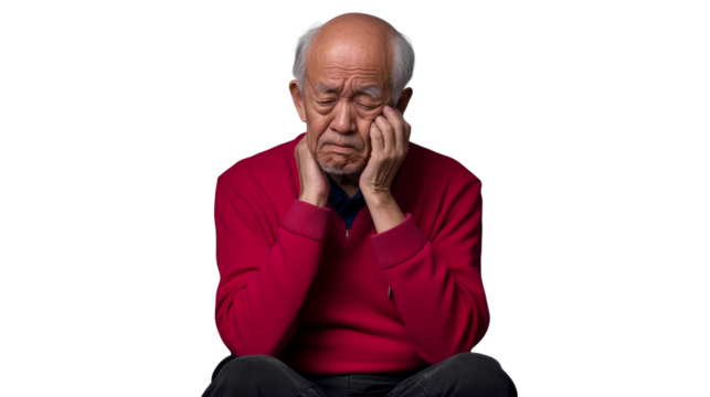 Asian elderly man expressing sadness and stress, cut out transparent