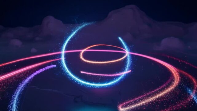 Futuristic Glowing Neon Circle Animation on Dark Background with Light Trails