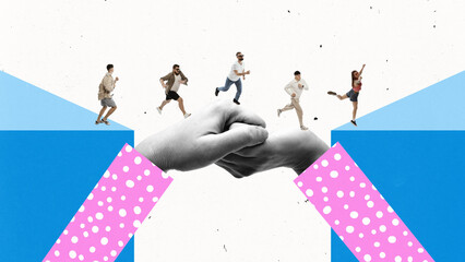 Contemporary art collage. Person forms bridge with body so others can walk across, showing selflessness. Bridge of People. Concept of business, team commitment, volunteer culture, leadership workshops
