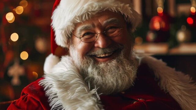 A festive close-up of Santa Claus, joyfully beaming with a hearty laugh, against a warm, softly lit background. His classic attire and spectacles add to his timeless charm.