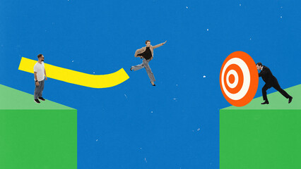 Contemporary art collage. One looks through telescope while another steps forward guided by large...