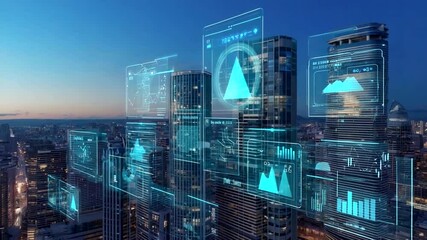 Futuristic city skyline at dusk with digital data overlays showcasing analytics and technology - Powered by Adobe