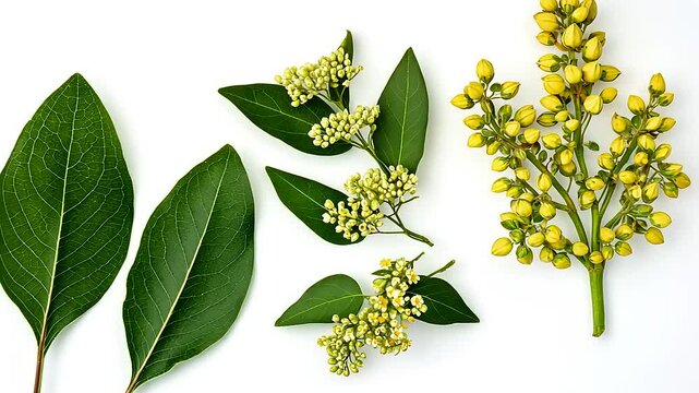 Elegant Golden Rain Tree Blossoms and Lush Green Leaves on White Background