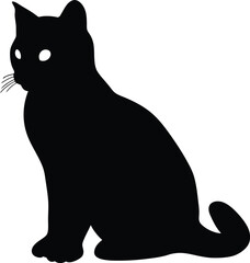 Elegant Black Cat Silhouette Sitting Profile Isolated on White Background