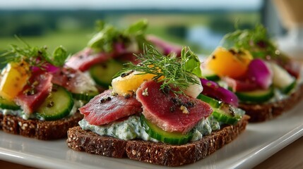 Modern danish smorrebrod with roast beef and refreshing vegetables in zealand's fields