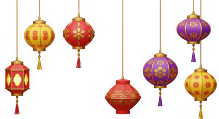 Collection of hanging chinese lanterns on transparent background