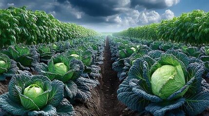 Beautiful cultivated cabbage rows India agriculture vista scenic high resolution photo