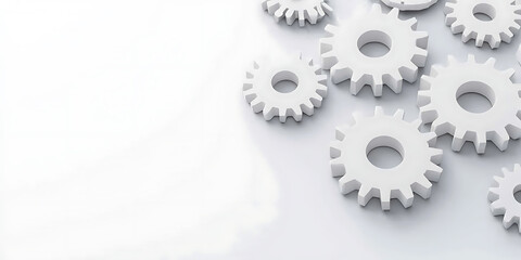 White gears on a light surface, suggesting teamwork, machinery, and mechanical processes. Clean and modern design.