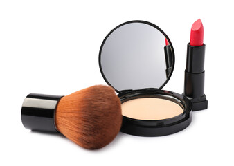 Open face powder with mirror, brush and lipstick isolated on white