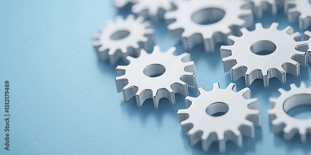 Poster mechanical gears: intricate system of interconnected gears against a blue backdrop, symbolizing prec