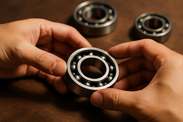 木製作業台でベアリングを組み立てる日本人技術者の手元