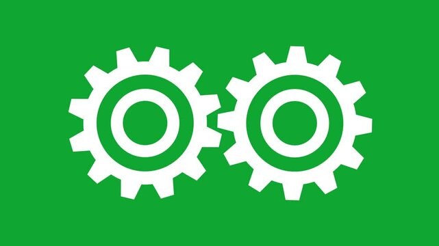 4k animated video of two white gears wiggling and rotating clockwise and counterclockwise on a green screen background