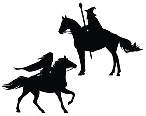 fantasy wizard riding horse galloping forward and standing - medieval fairy tale bearded magician man black and white vector silhouette set